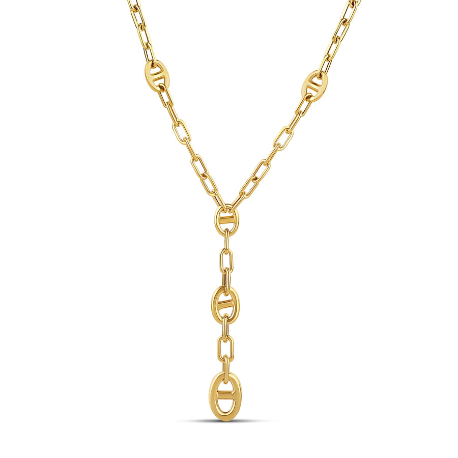 18-karat yellow gold lariat necklace with oval links and a cascading drop detail, weighing 8.4 grams. A versatile and refined design for everyday or evening wear.