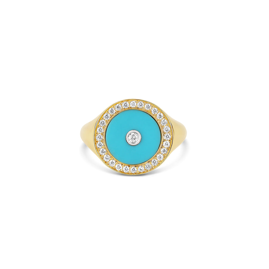 18-karat yellow gold pinky ring with a turquoise centerpiece, encircled by a halo of pave-set diamonds and a central diamond accent. A bold yet elegant design, perfect for adding color and luxury to any outfit.
